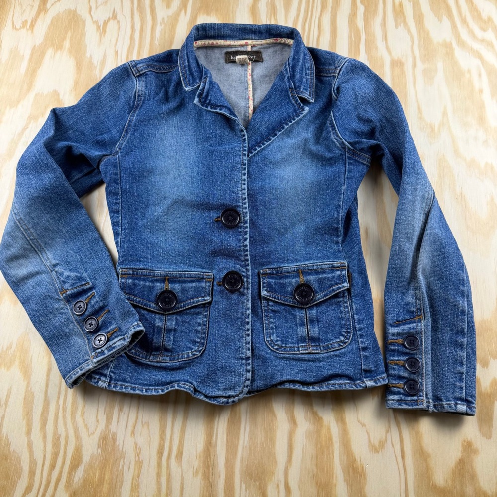 Y2K Vintage Hollister Medium Wash Denim Blazer Jacket Floral Trim Womens Size M